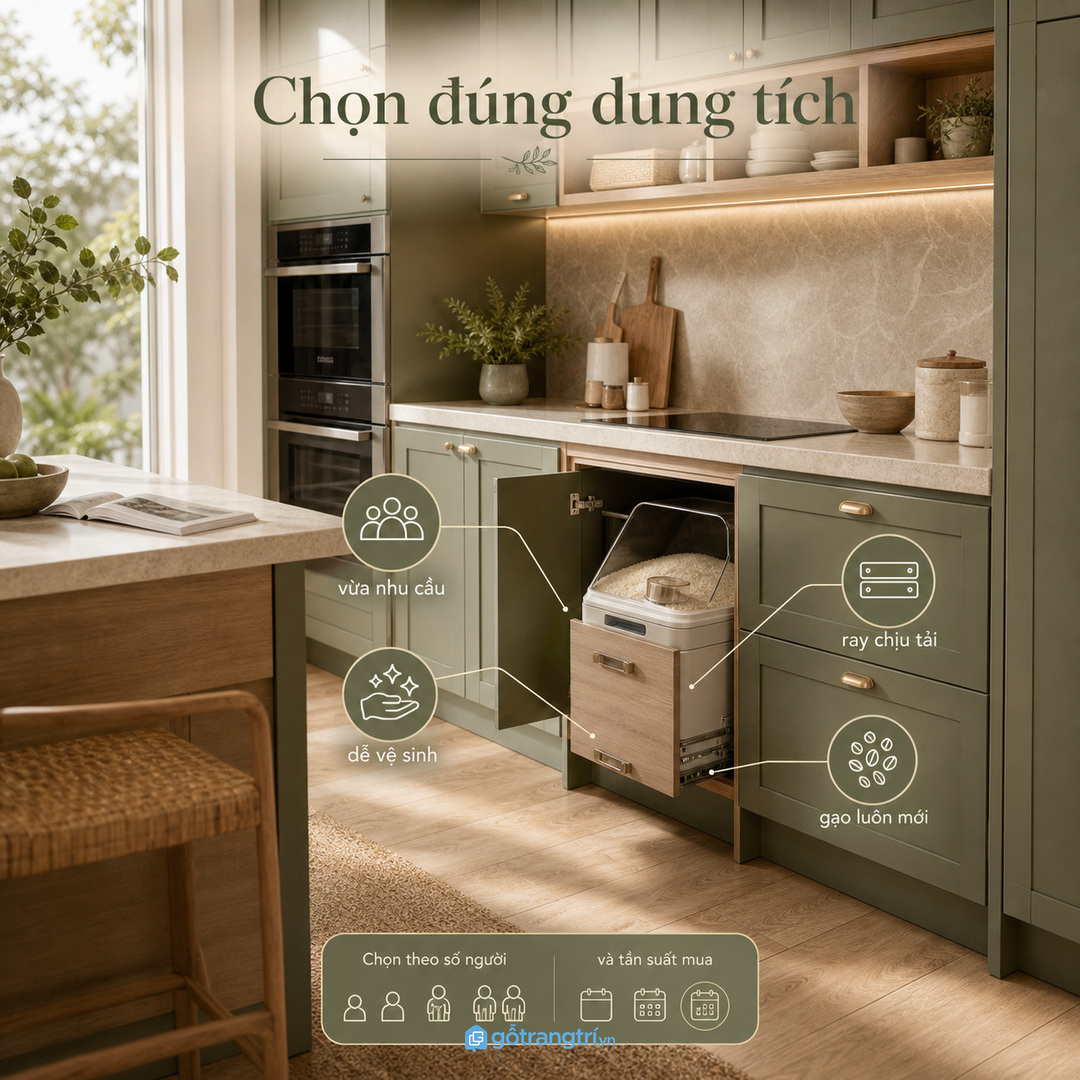 Chọn dung tích thùng gạo theo nhu cầu để không phí khoang tủ