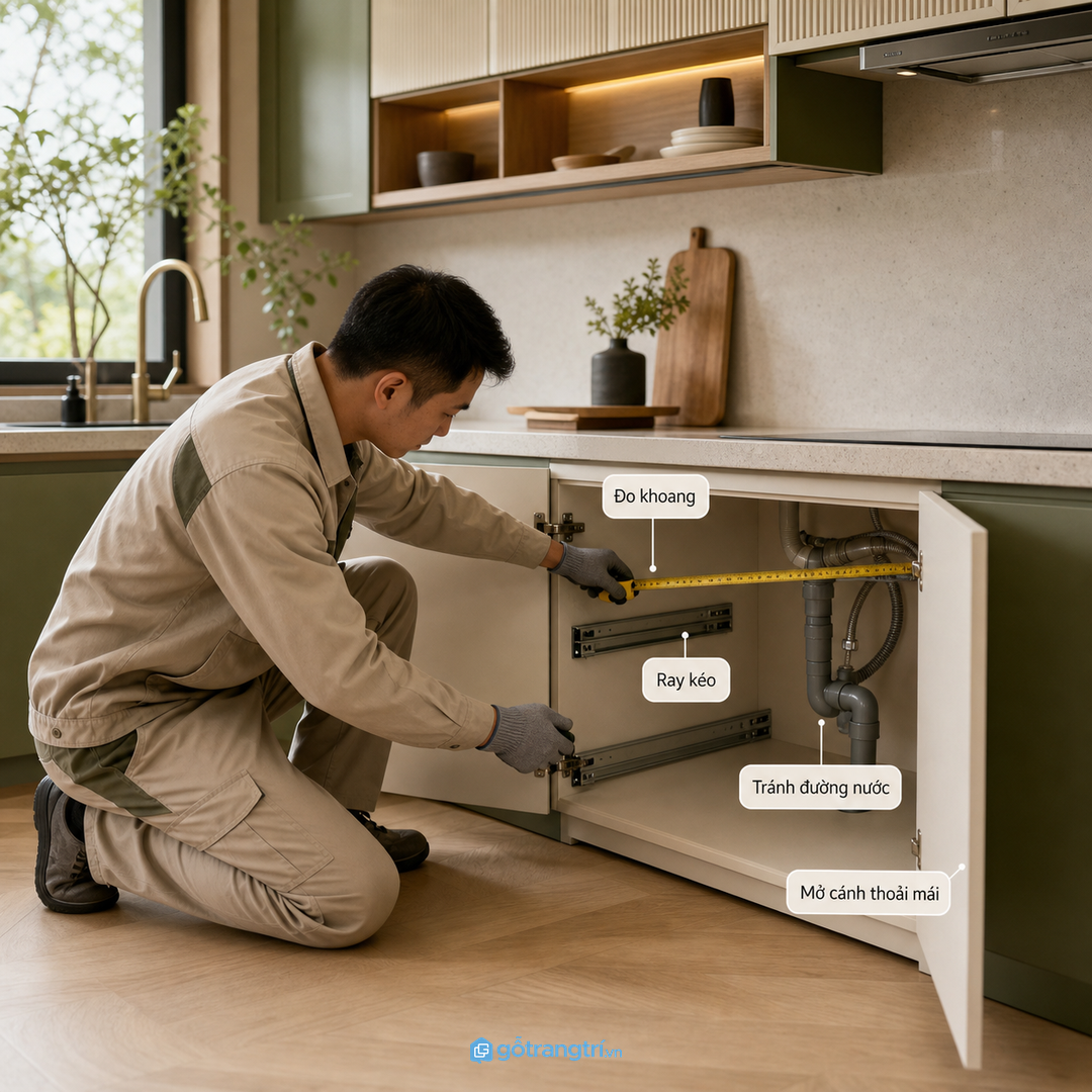 Thùng rác âm cần đo khoang, ray kéo và đường nước trước khi lắp
