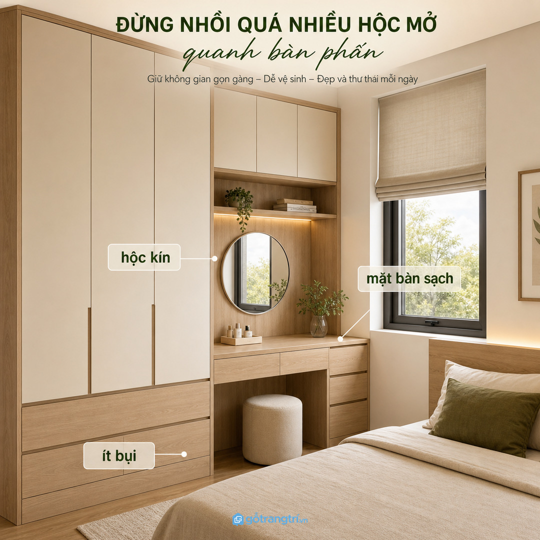 Bàn trang điểm nên có ngăn kín để mặt bàn sạch và ít bụi hơn