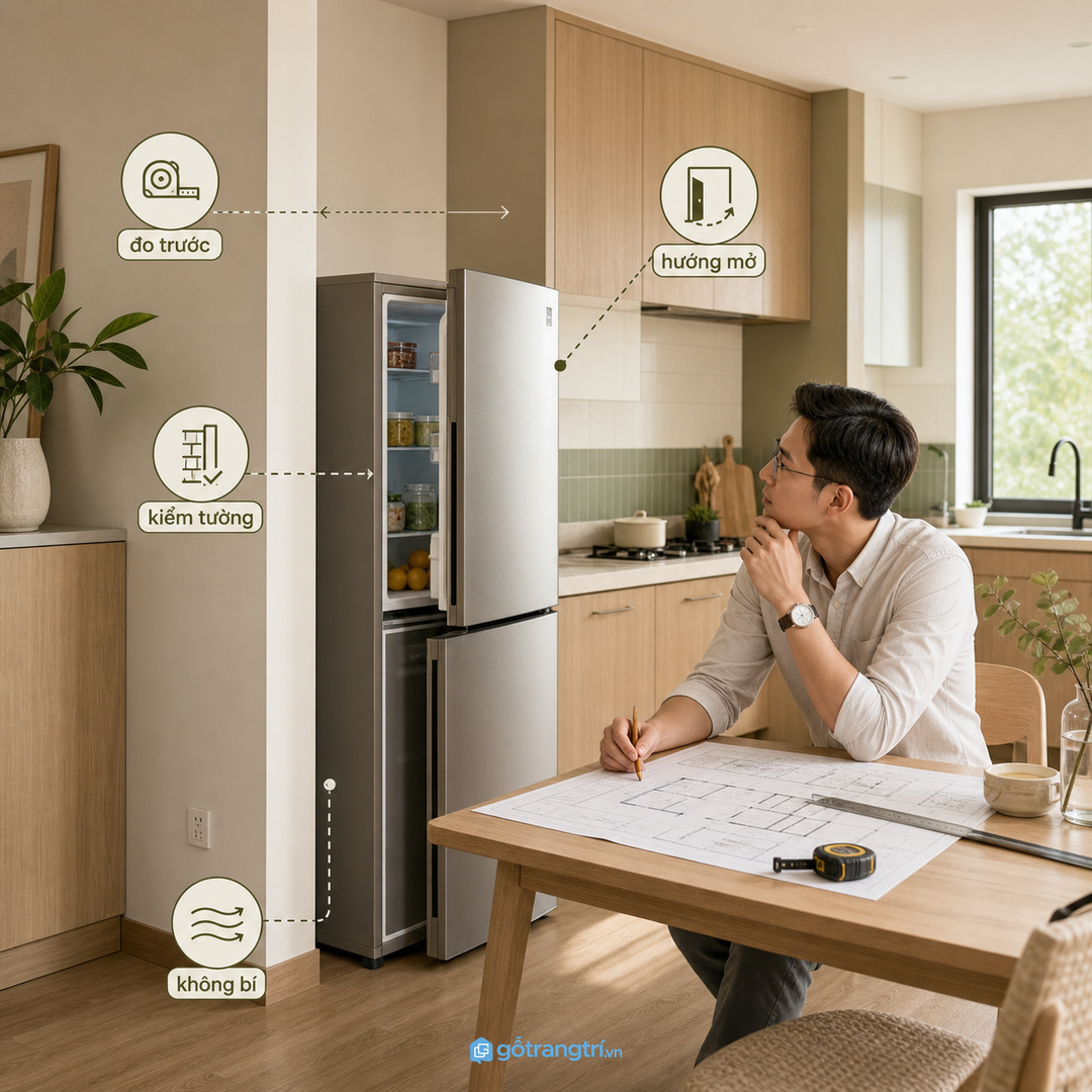 Không phải bếp nhỏ nào cũng nên bao kín tủ lạnh từ đầu