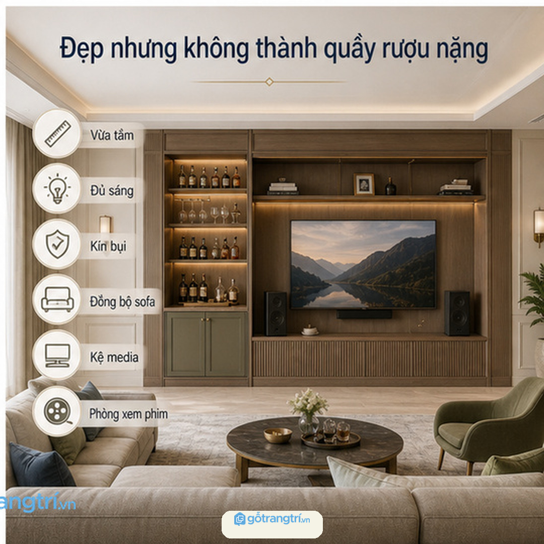 Tủ bar khô cần sang vừa đủ, không biến phòng giải trí thành quầy rượu nặng