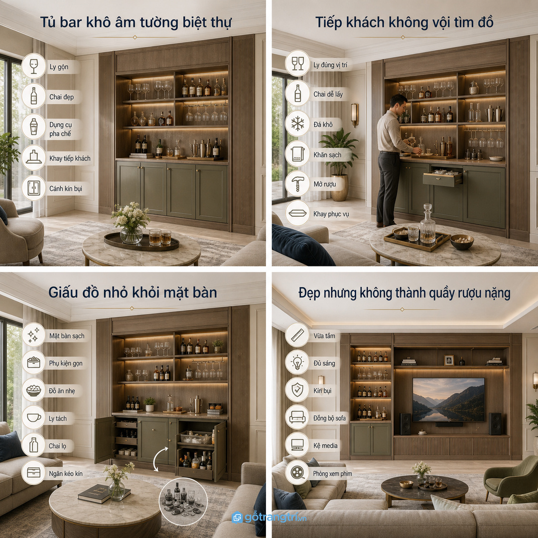 Tủ bar khô cần sang vừa đủ, không biến phòng giải trí thành quầy rượu nặng