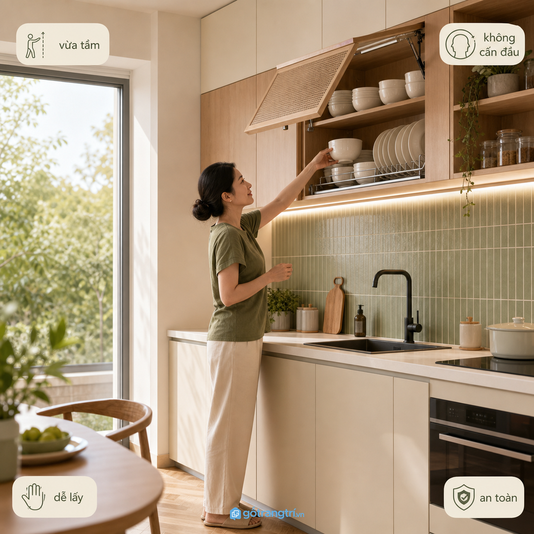 Tủ bát đĩa treo tường cần vừa tầm với, không quá sâu hoặc quá cao