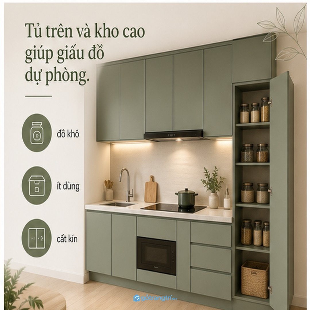 Kho kín trong tủ bếp chữ I giúp căn hộ studio bớt rối sau mỗi ngày sử dụng