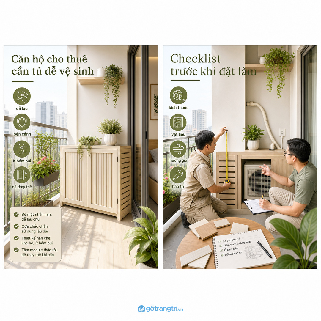 Chia tủ ban công thành nhóm khăn sạch, đồ ướt, hóa chất và dụng cụ vệ sinh