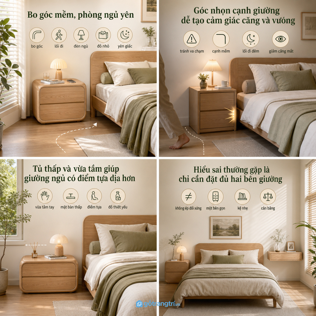 Hai bên giường cân bằng giúp phòng ngủ yên và gọn hơn