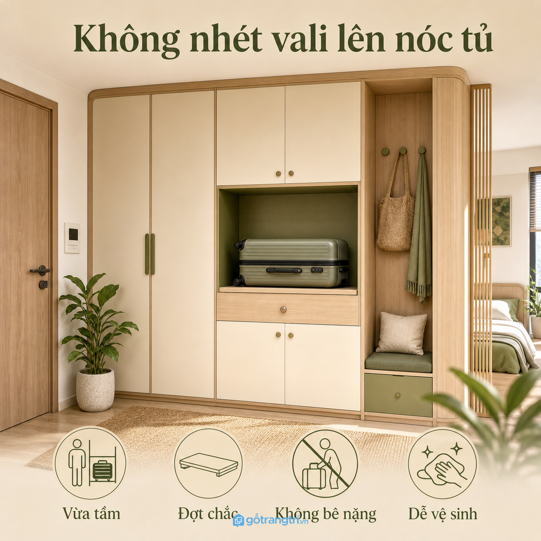 Không nên nhét vali lên nóc tủ vì khó lấy và khó vệ sinh