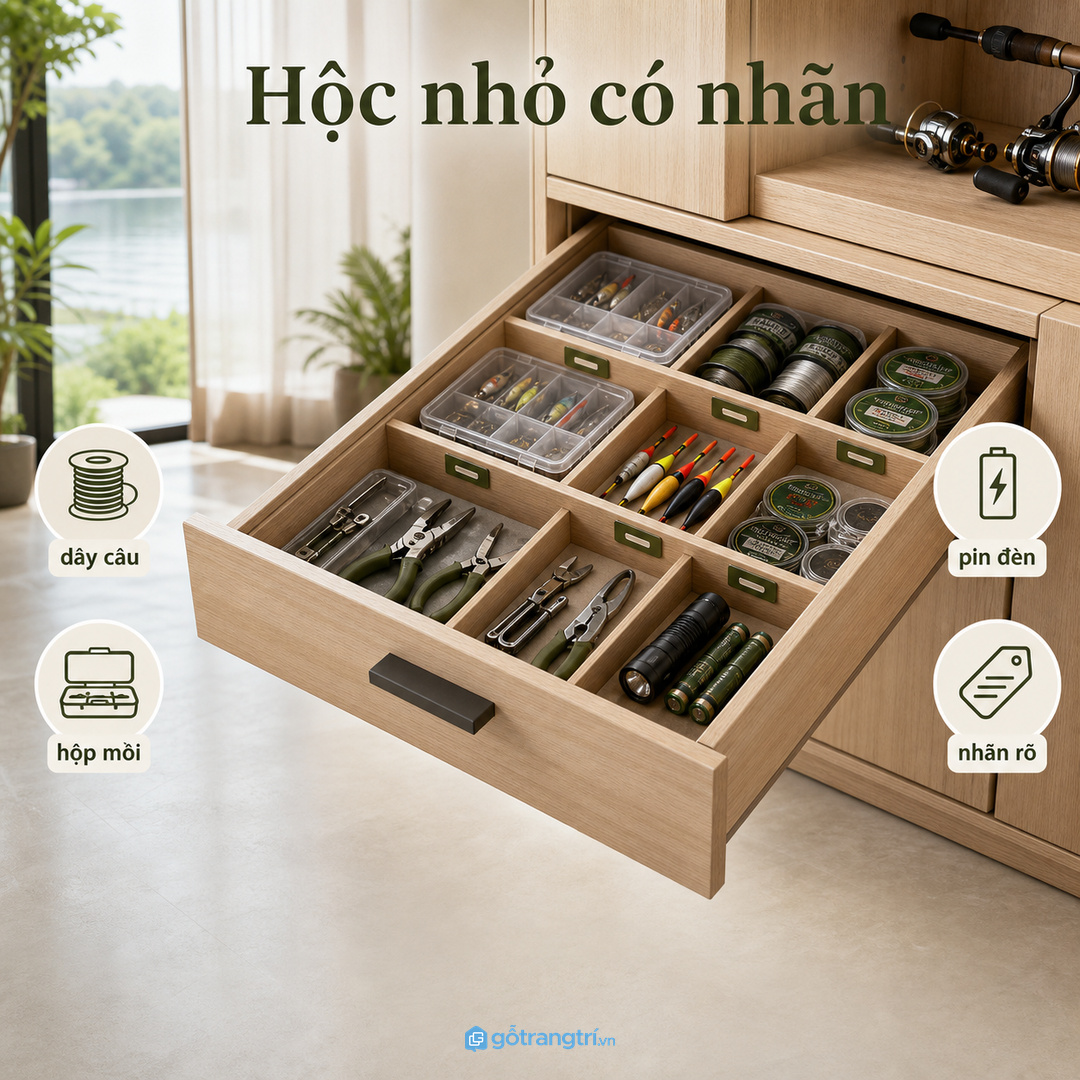 Hộp mồi, dây câu và lưỡi câu cần ngăn nhỏ có nhãn rõ ràng