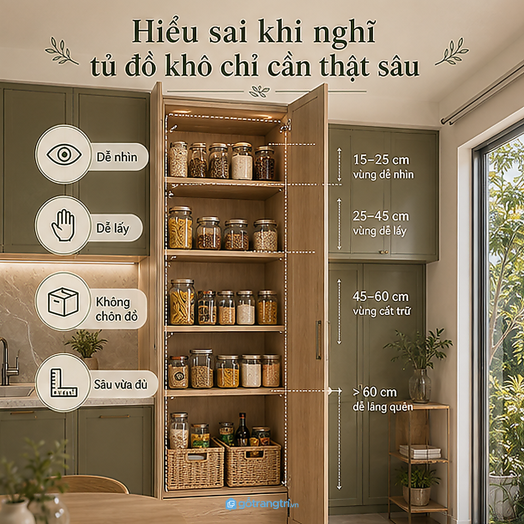 Tủ đồ khô nên dễ nhìn và dễ lấy, không chỉ thật sâu