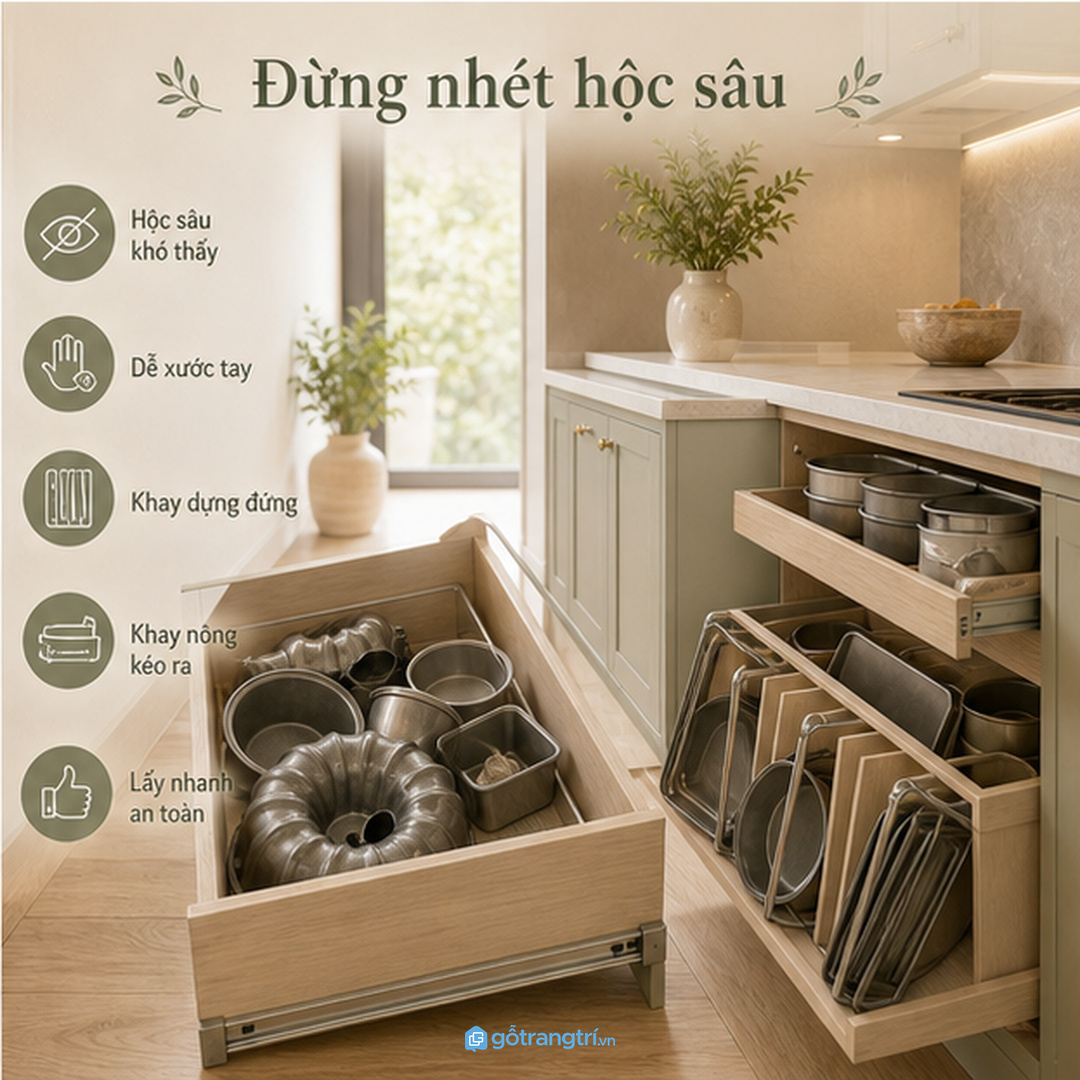 Không nhét khuôn và khay vào một hộc sâu vì dễ móp, khó tìm
