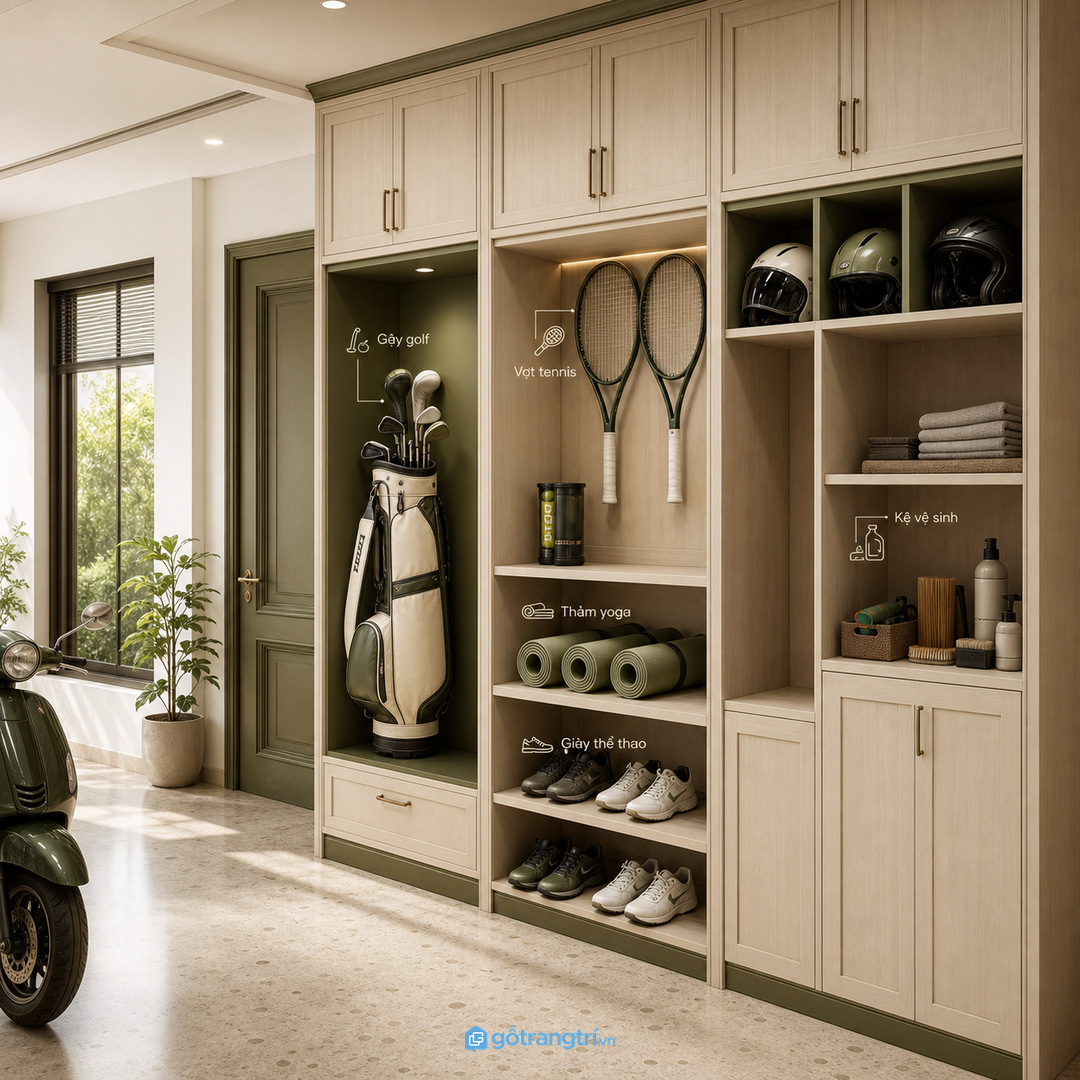 Khu cất đồ thể thao giúp gara và lối vào biệt thự gọn hơn