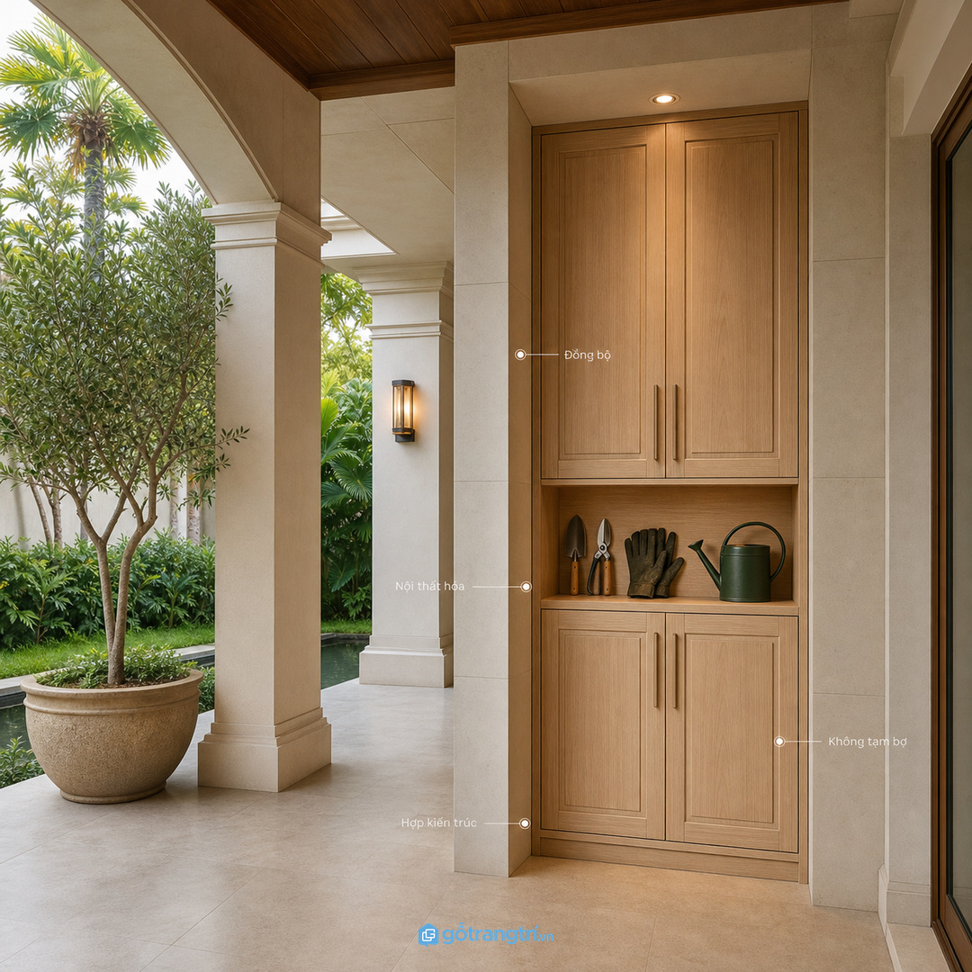 Tủ dụng cụ sân vườn nên đồng bộ với kiến trúc biệt thự