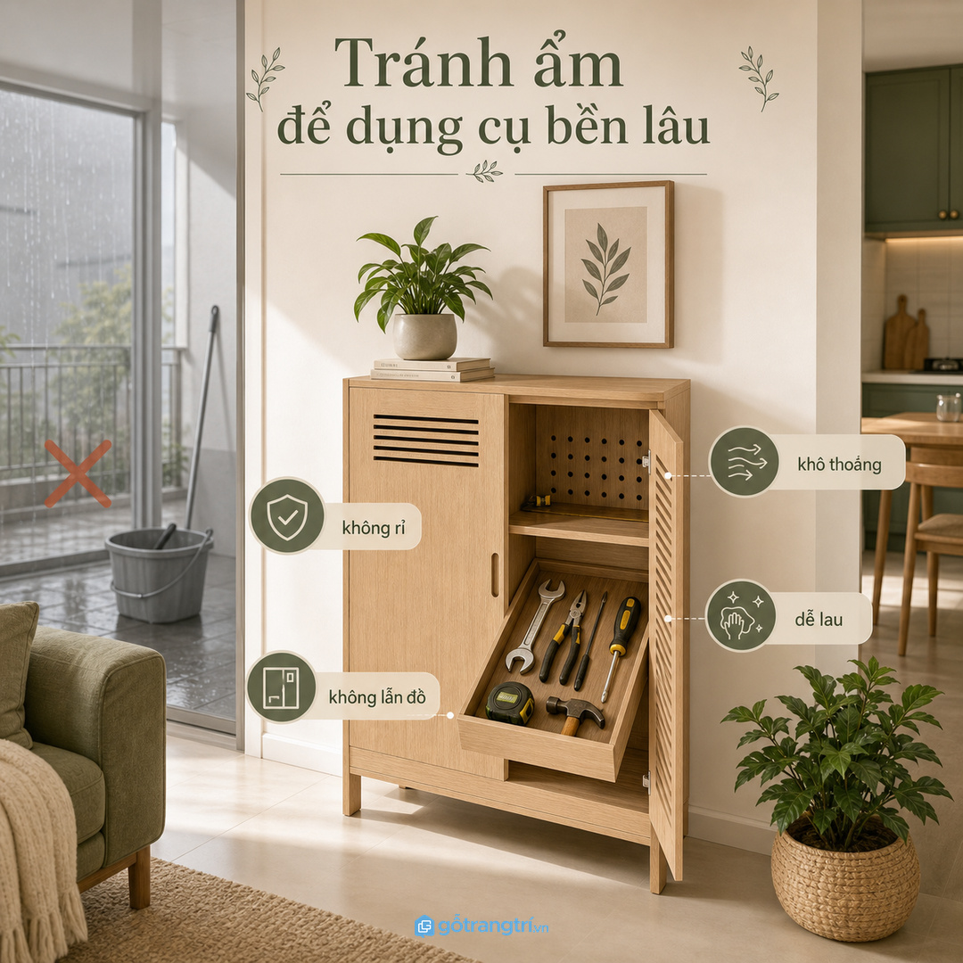 Khu cất dụng cụ cần khô thoáng để hạn chế ẩm, rỉ và mùi khó chịu