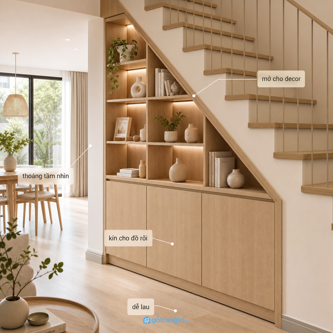Mỗi hốc cầu thang cần cách chia tủ riêng theo độ dốc, chiều sâu và vị trí sử dụng