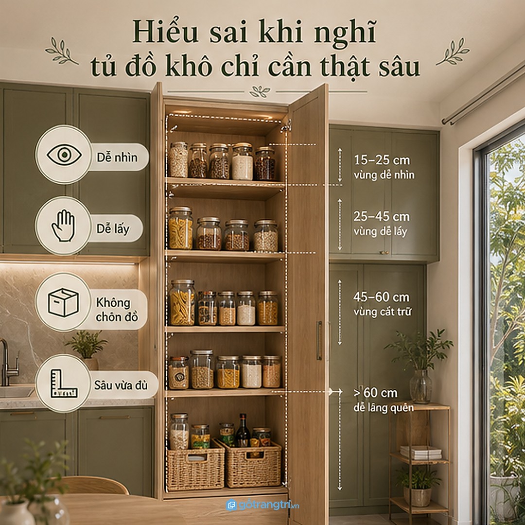 Tủ gia vị nên dễ nhìn và dễ lấy, không chỉ thật sâu