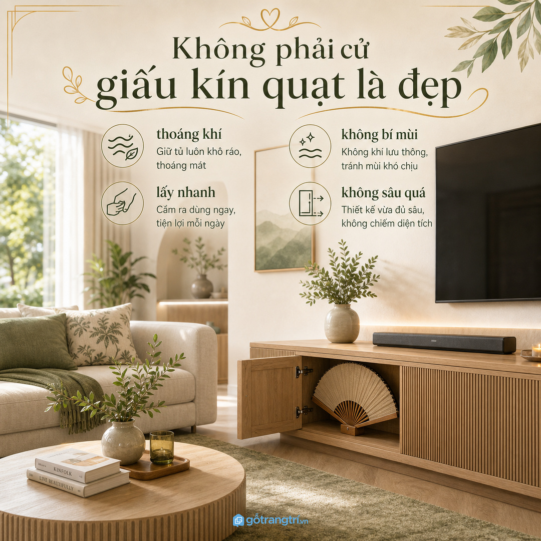 Khoang tủ giấu quạt cần thoáng và dễ lấy, không nên kín quá mức
