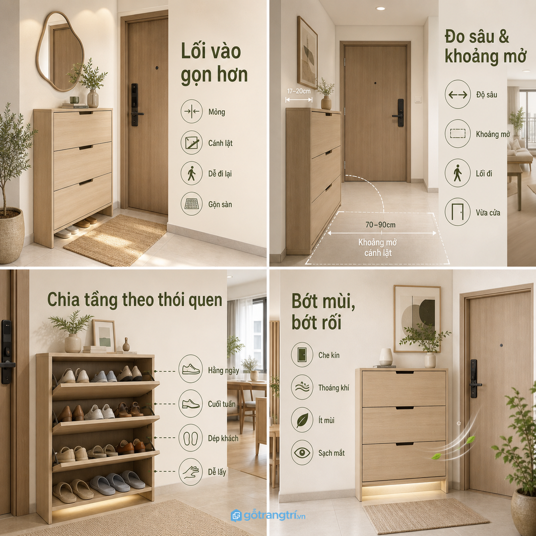 Tủ giày chung cư nên kiêm thêm lưu trữ đồ ra vào nhà