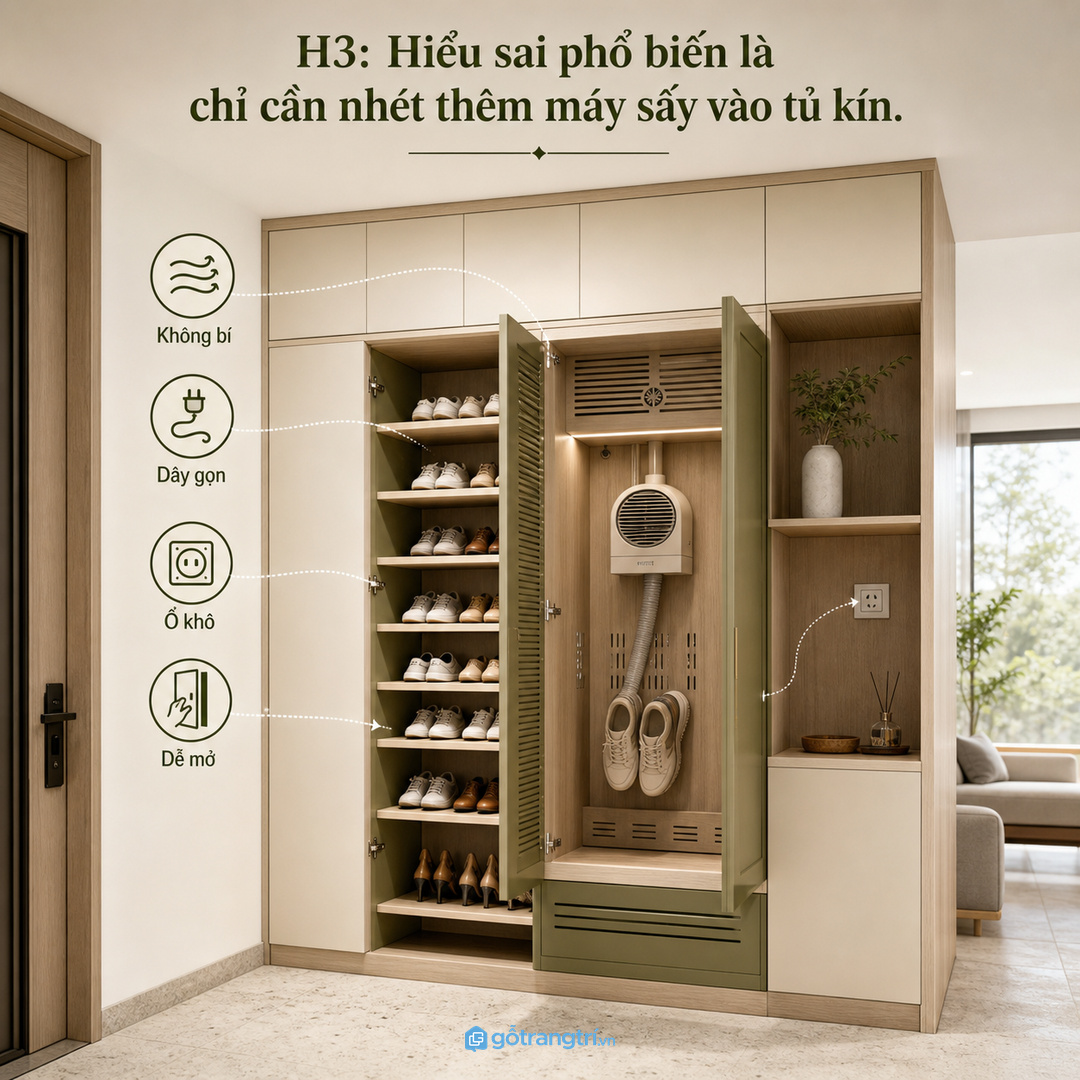 Hiểu sai phổ biến là chỉ cần nhét thêm máy sấy vào tủ kín