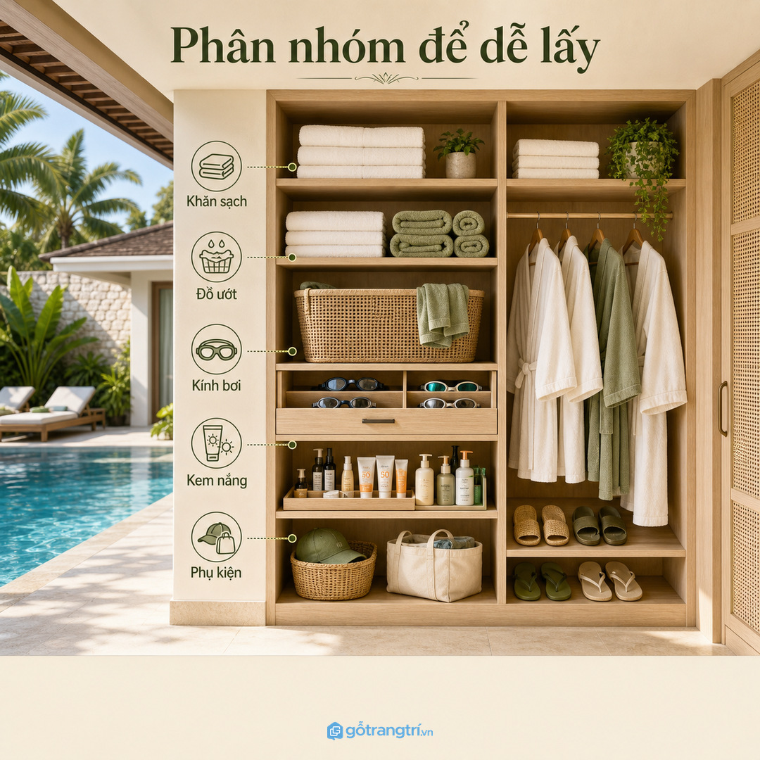 Chia tủ hồ bơi thành nhóm khăn sạch, đồ ướt, hóa chất và dụng cụ vệ sinh