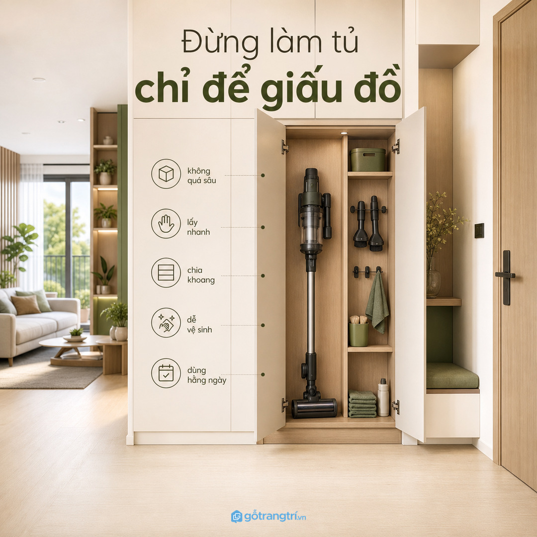 Đừng làm tủ chỉ để giấu đồ nếu thao tác lấy máy bị nặng