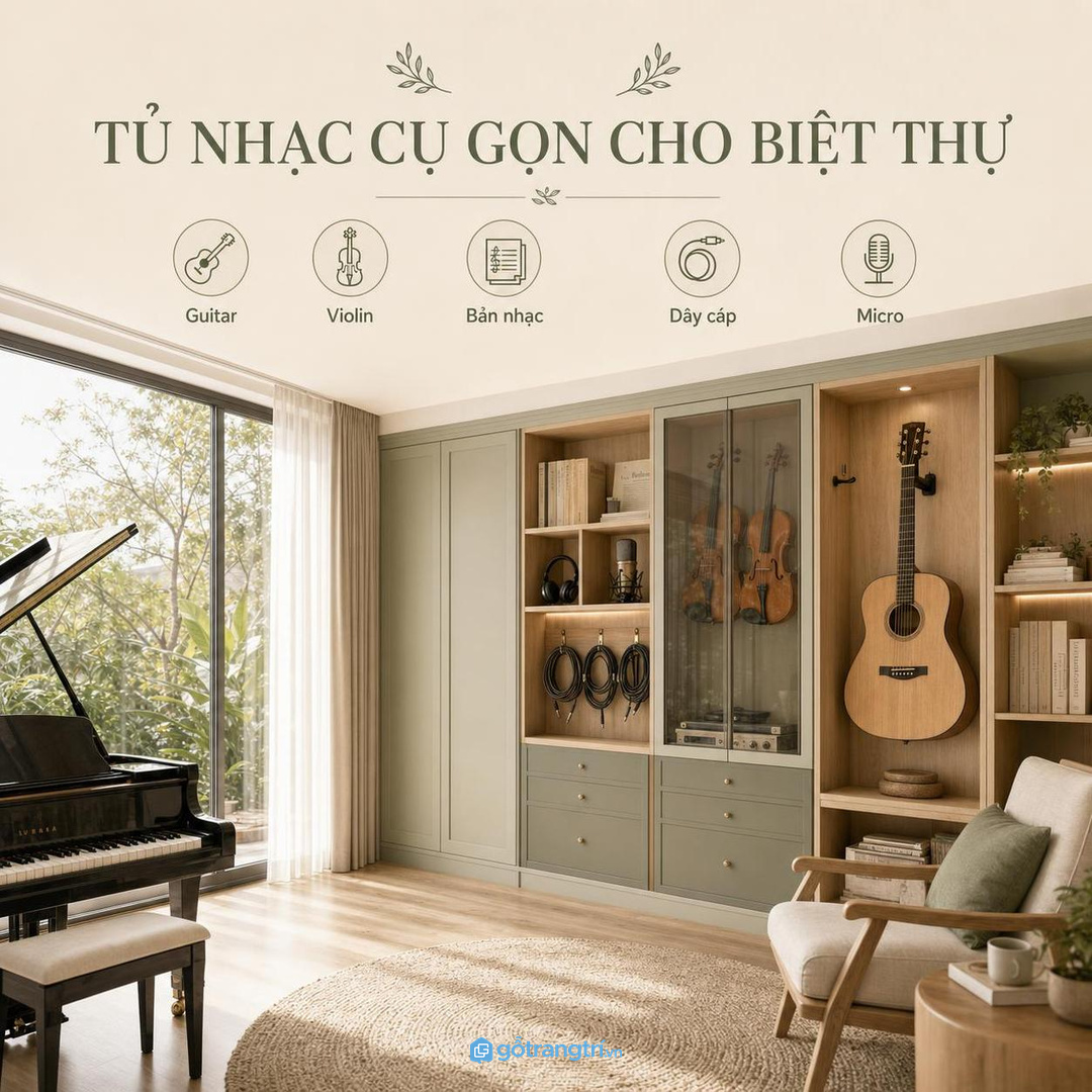 Tủ nhạc cụ biệt thự nên giữ phòng nghe nhạc sạch dây và nhẹ mắt