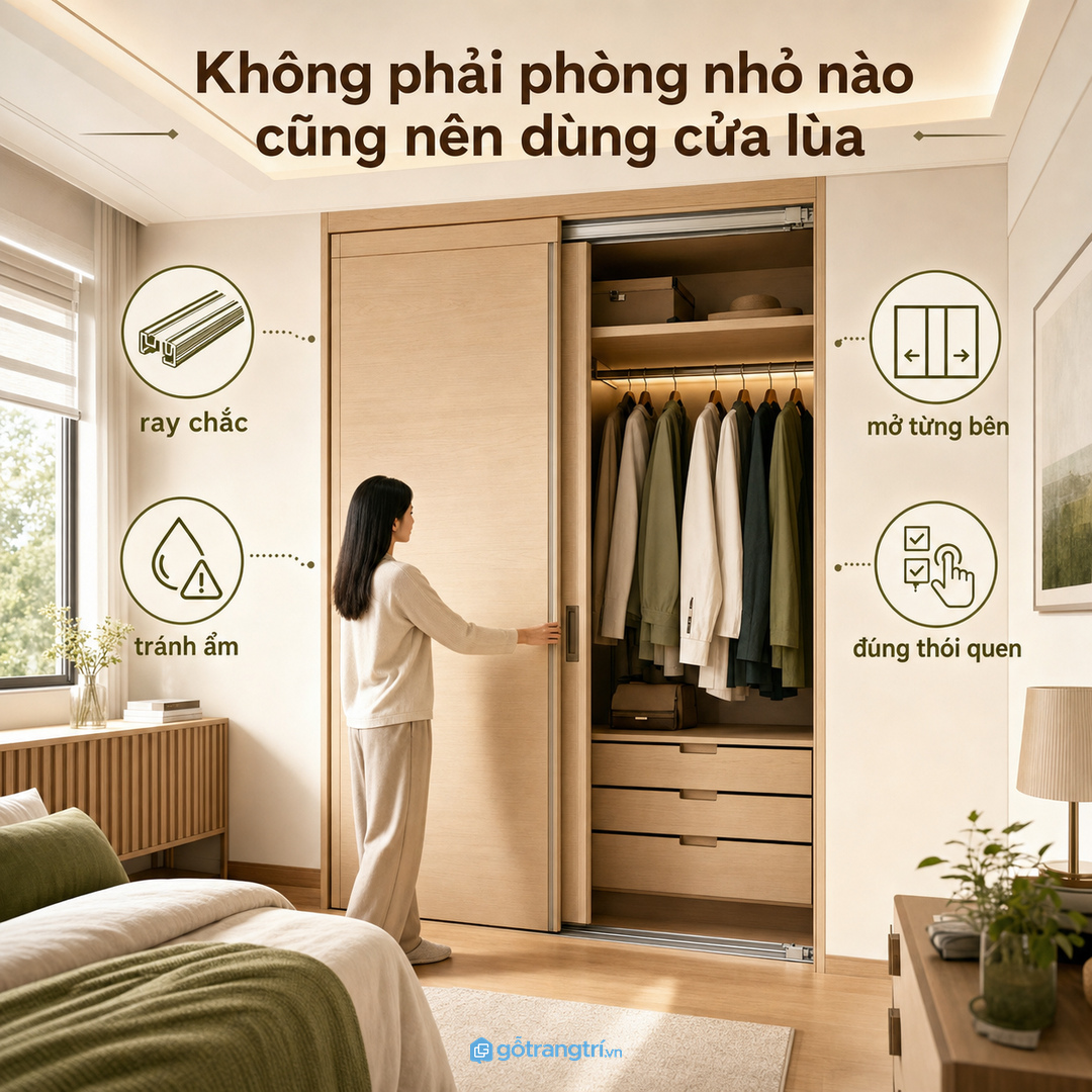 Mặt tủ phẳng, màu dịu và ít chi tiết giúp phòng ngủ nhỏ nhìn nhẹ hơn