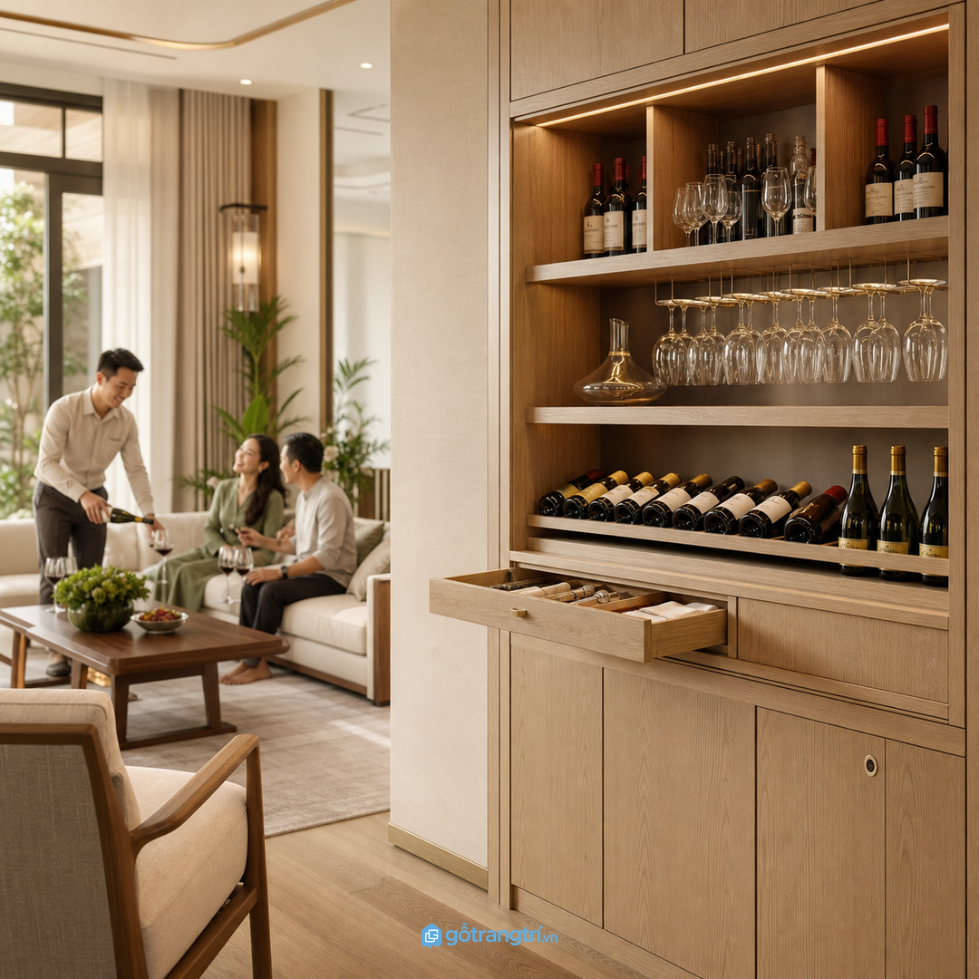 Khu tủ rượu cần tiện tiếp khách nhưng vẫn an toàn trong sinh hoạt