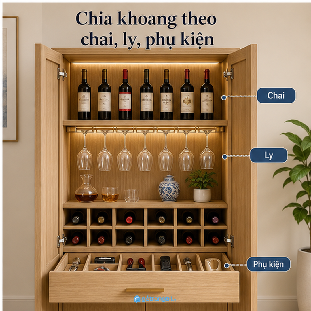 Vị trí tủ rượu nên tránh nắng và không chắn lối đi