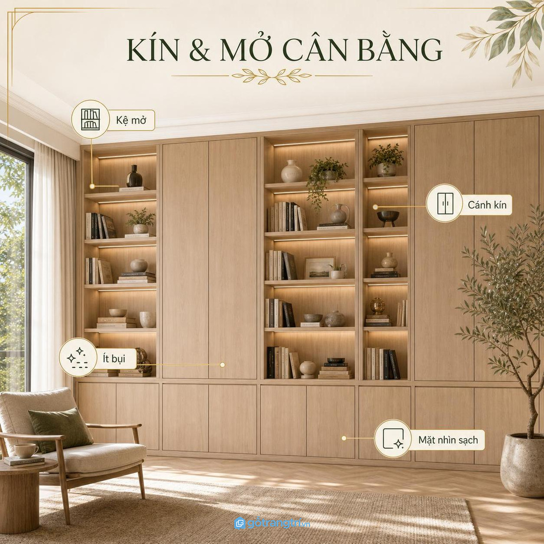Tủ sách âm tường nên cân bằng khoang mở và cánh kín để mặt nhìn sạch