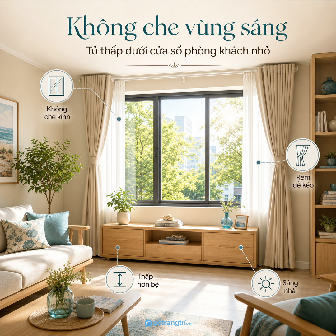 Không phải cửa sổ nào cũng nên đặt tủ nếu rèm, ổ điện hoặc lối đi bị vướng