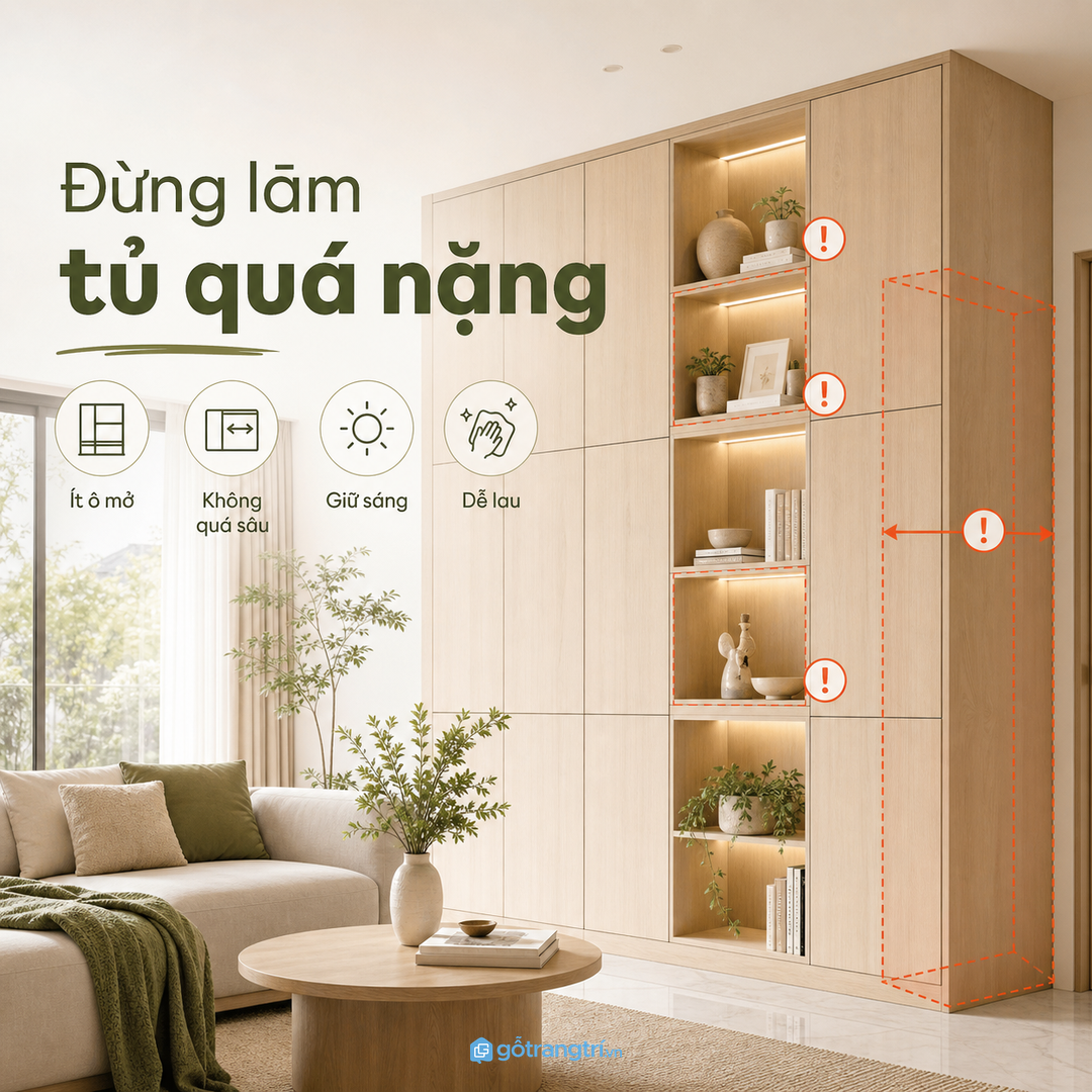 Tránh làm tủ trang trí quá sâu, quá nhiều ô mở hoặc che sáng