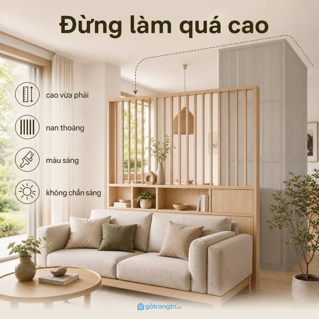 Tủ trưng bày mỏng sau sofa nên cao vừa phải để phòng khách nhỏ không bị nặng