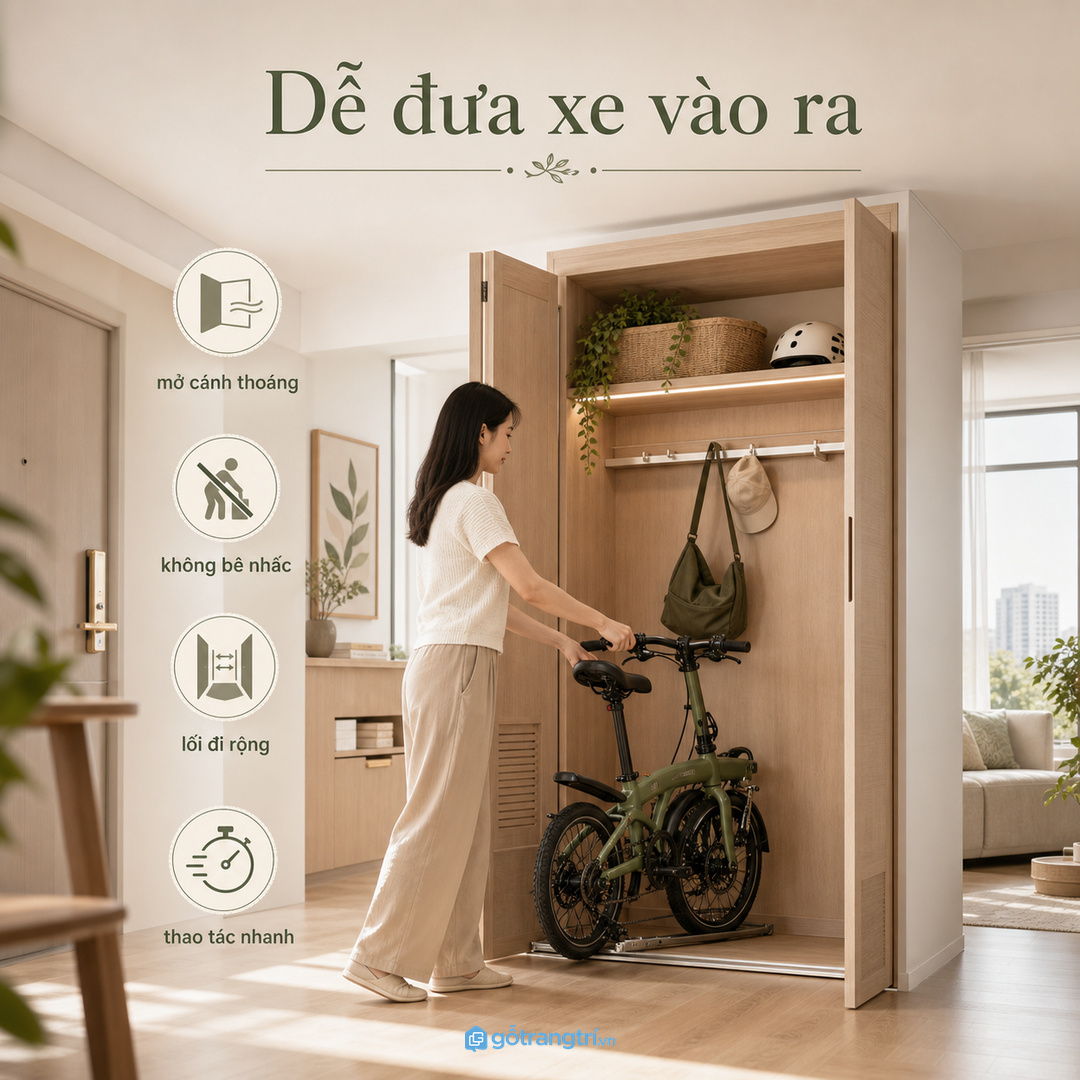 Tủ phải dễ đưa xe vào ra, không vướng cánh và không bê nhấc nặng