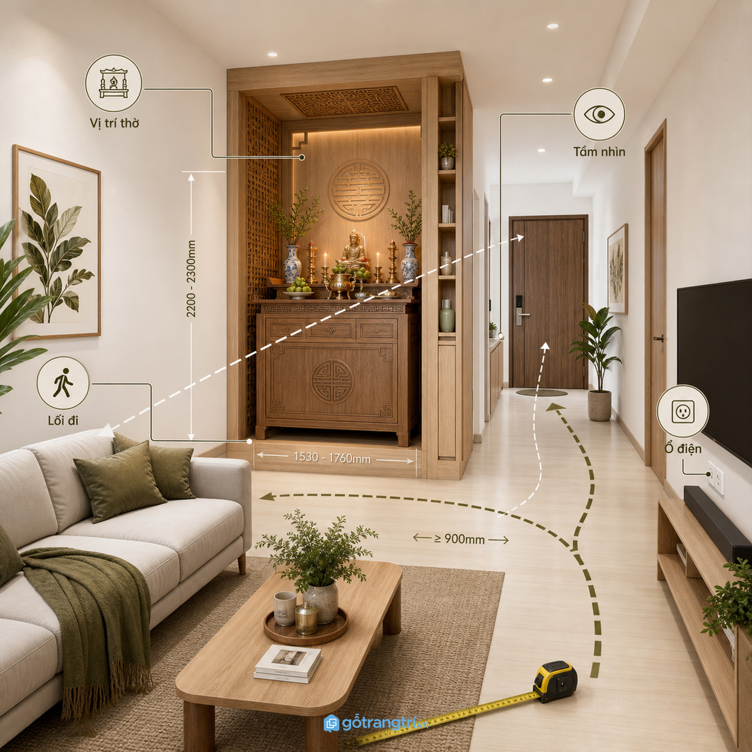 Vách thờ chung cư không cần đồ sộ mới tạo được sự trang nghiêm