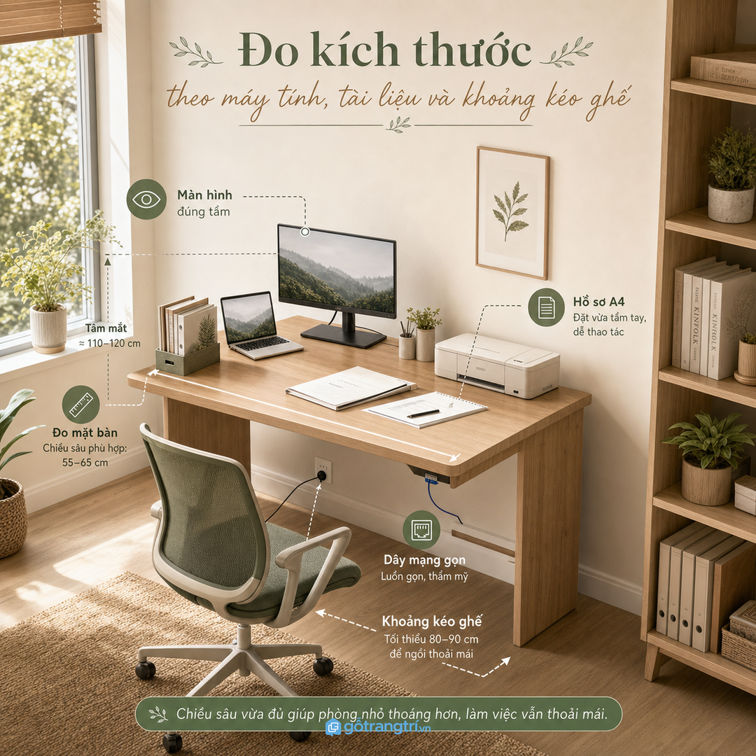 Kích thước bàn cần đi theo máy tính, tài liệu và khoảng kéo ghế thật