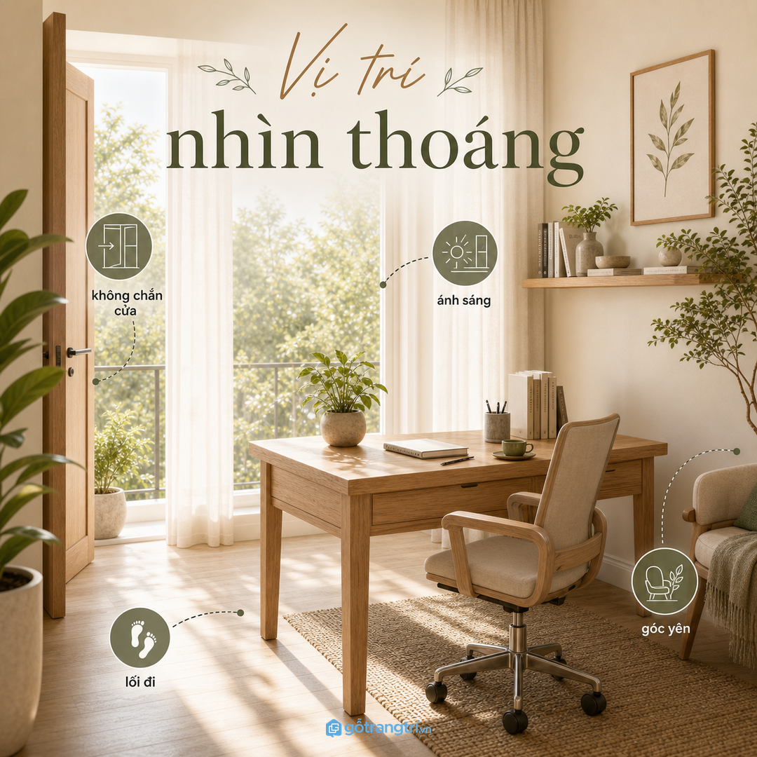 Vị trí bàn nên nhìn thoáng nhưng không chắn cửa