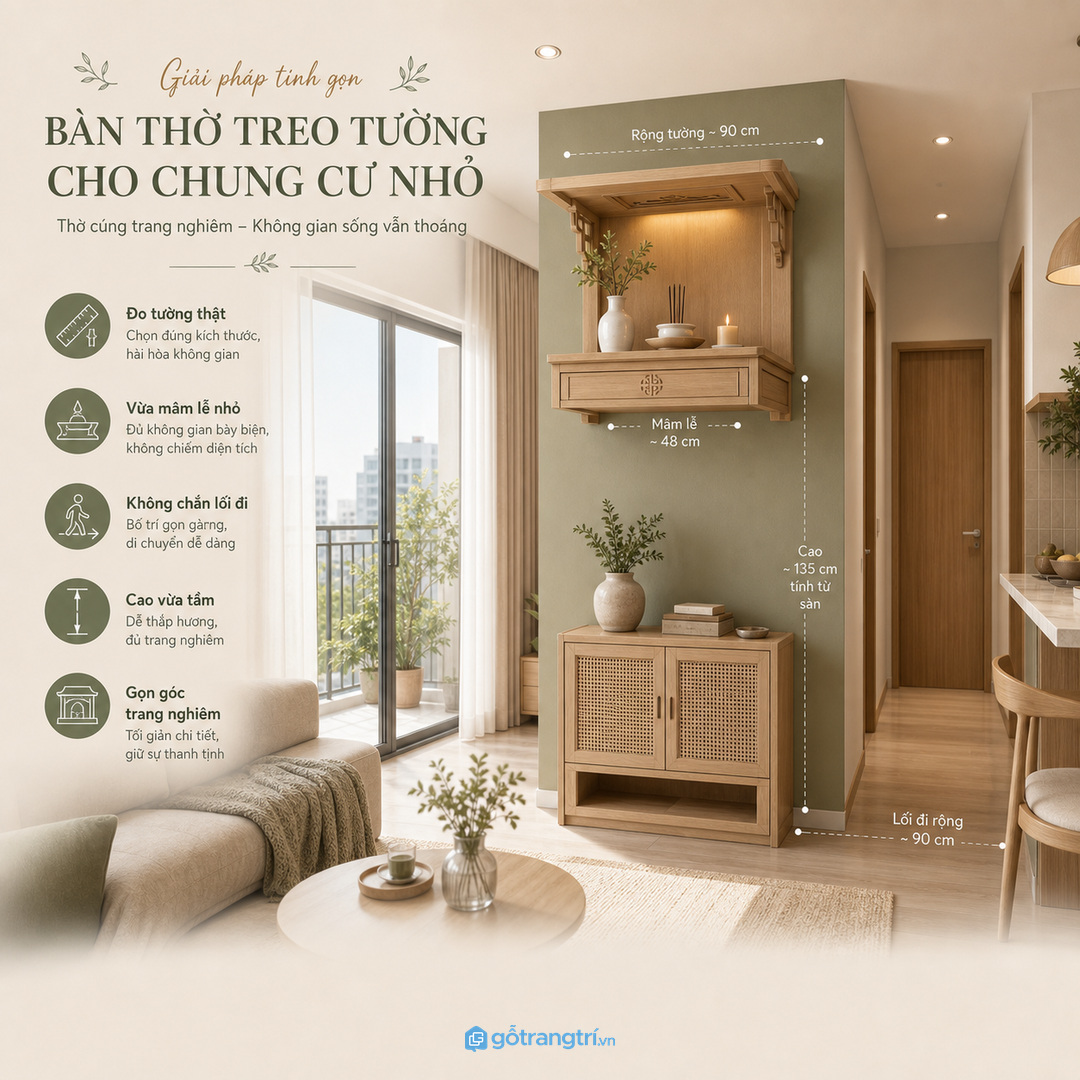 Vị trí bàn thờ treo tường nên tránh lối đi gấp và vùng quá ồn