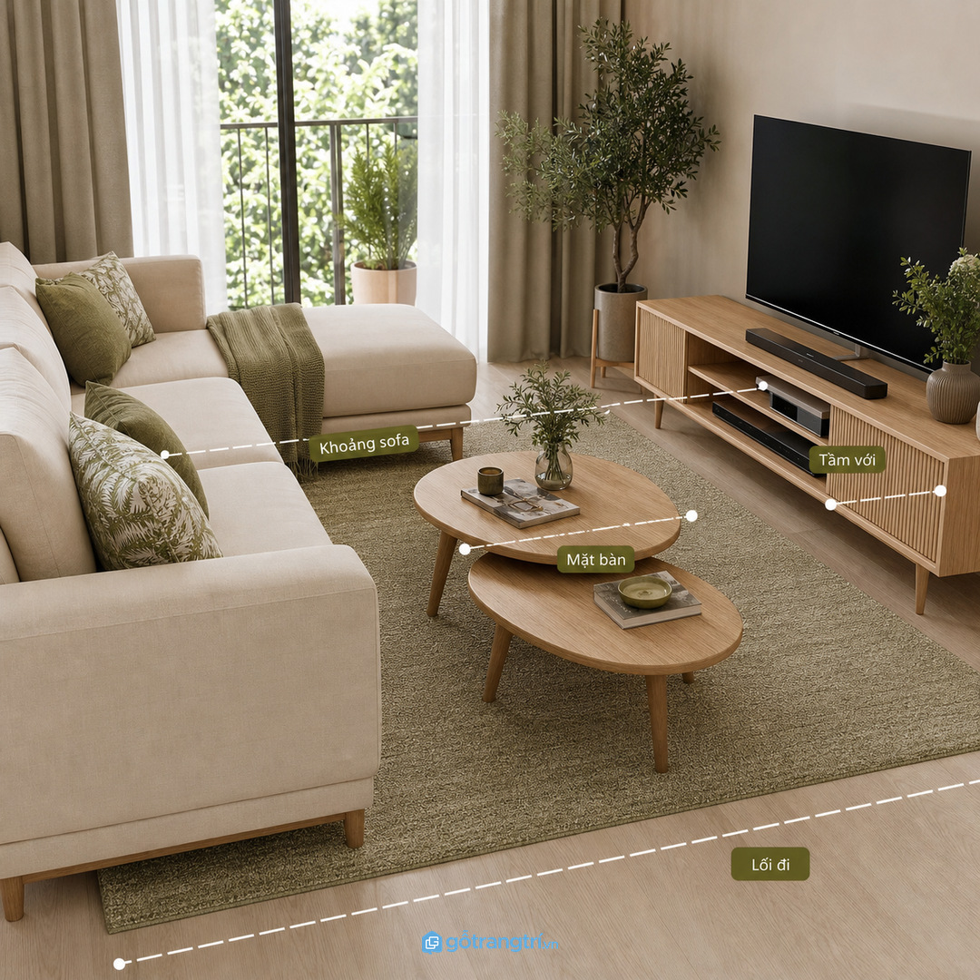 Chọn kích thước theo khoảng cách sofa, kệ tivi và lối đi
