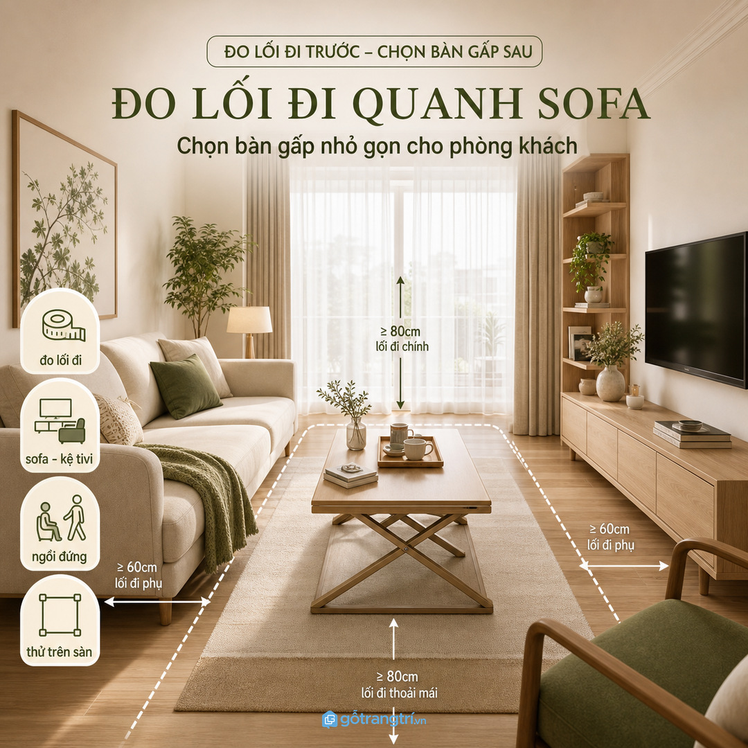 Đo lối đi quanh sofa trước khi chọn kích thước