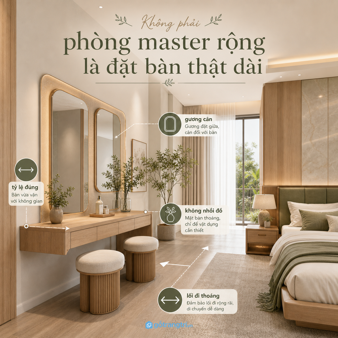 Không phải phòng master rộng là đặt bàn thật dài