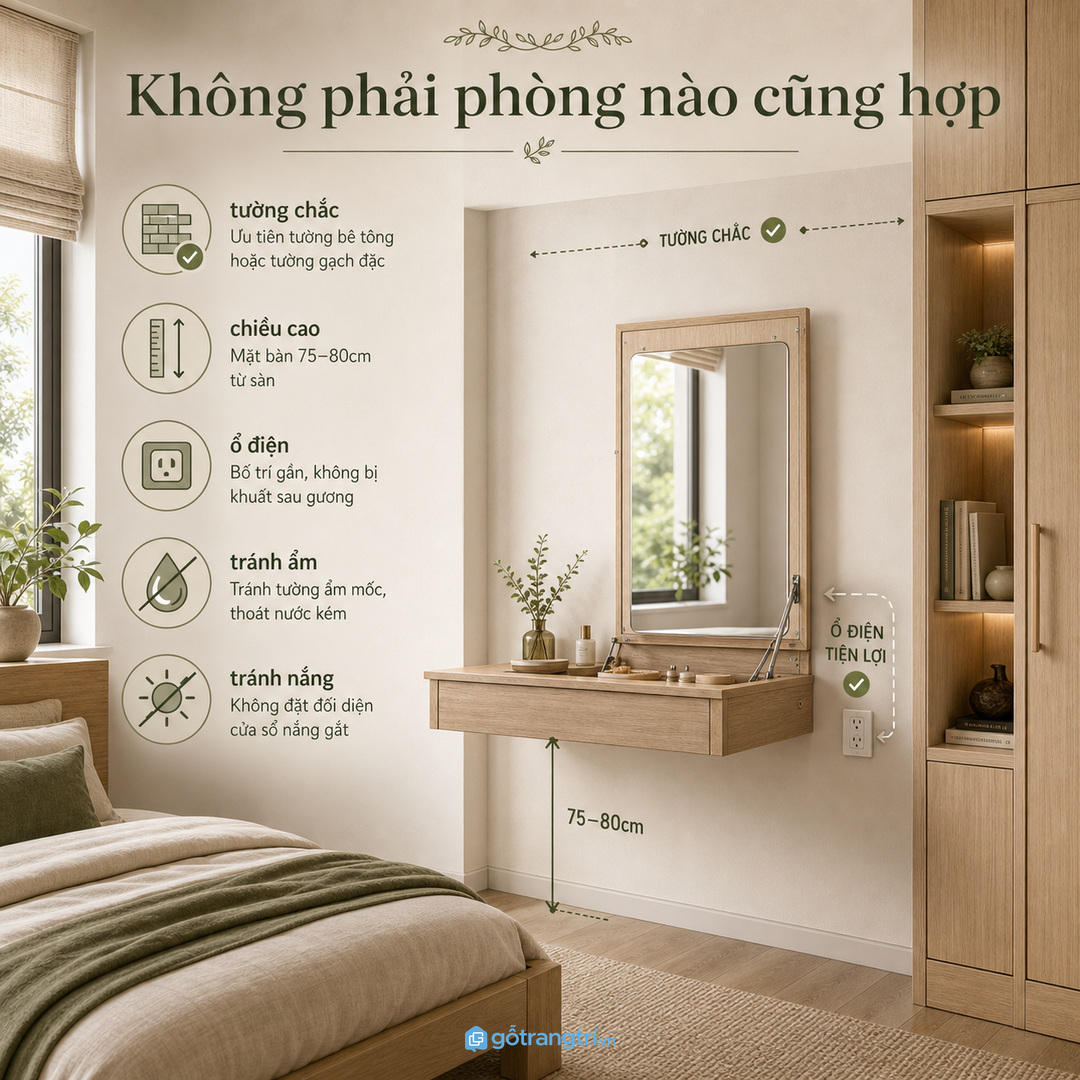 Đo đúng chiều cao mặt bàn, ghế và gương
