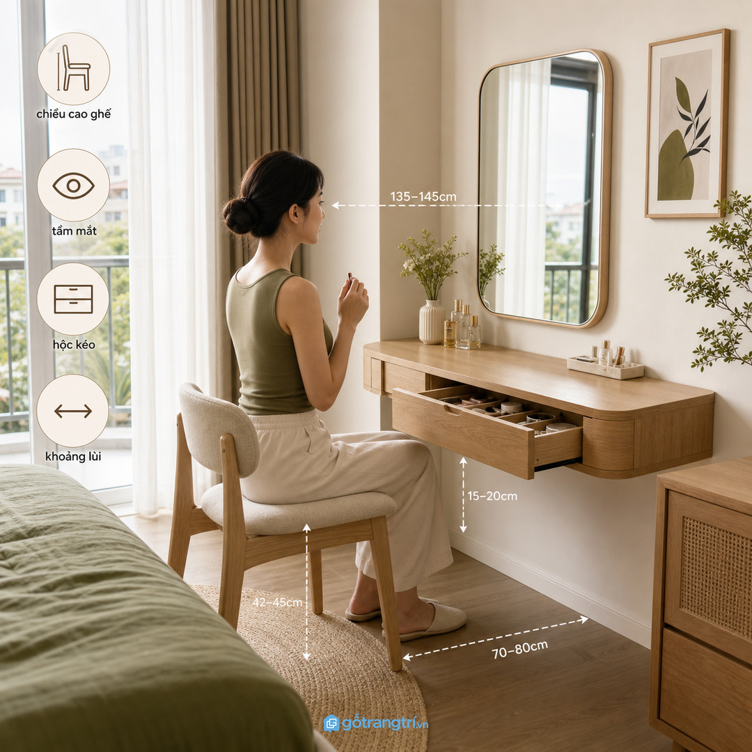 Đo chiều cao ngồi, gương, đèn và ổ cắm trước khi sản xuất