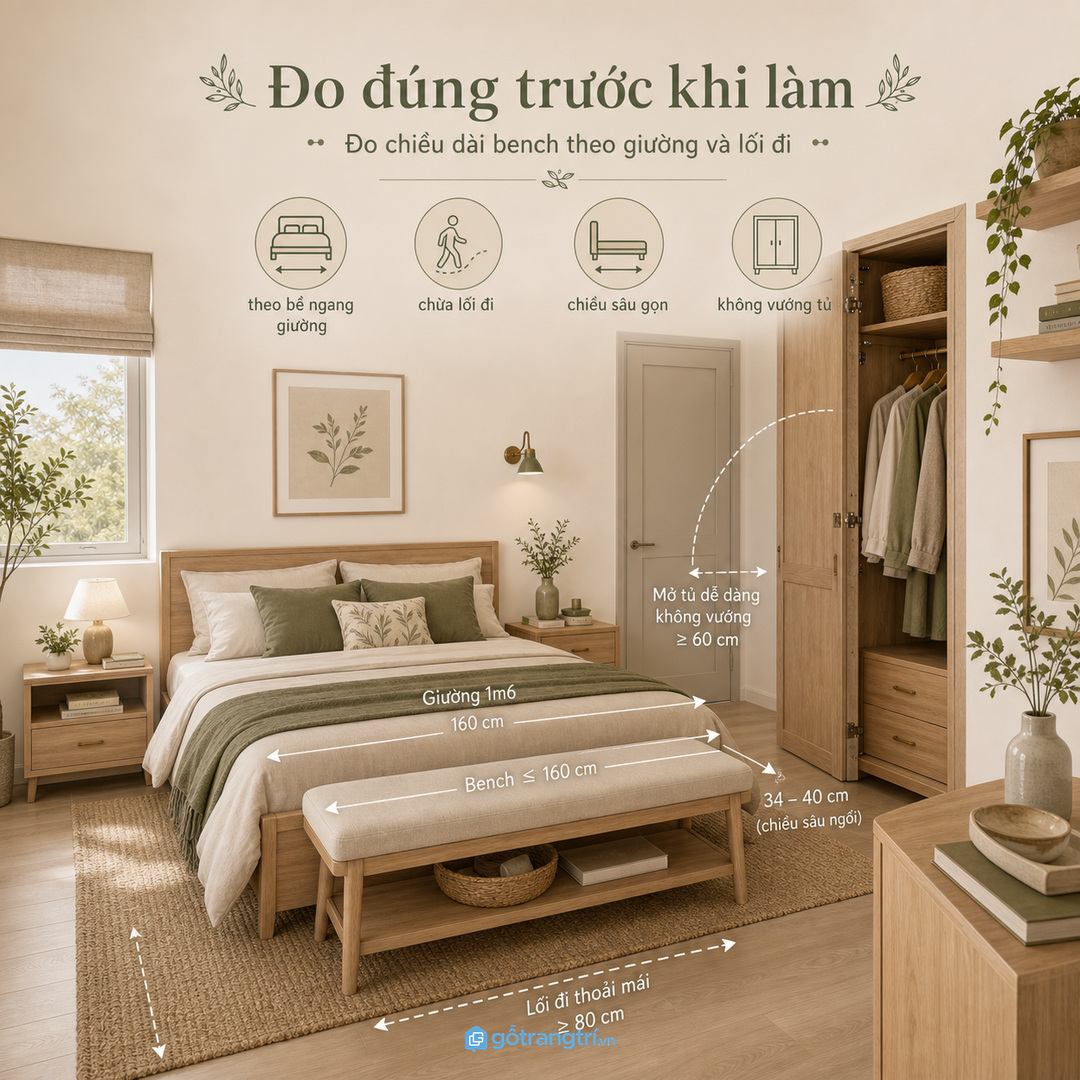 Đo chiều dài bench theo giường và lối đi trước khi đặt làm