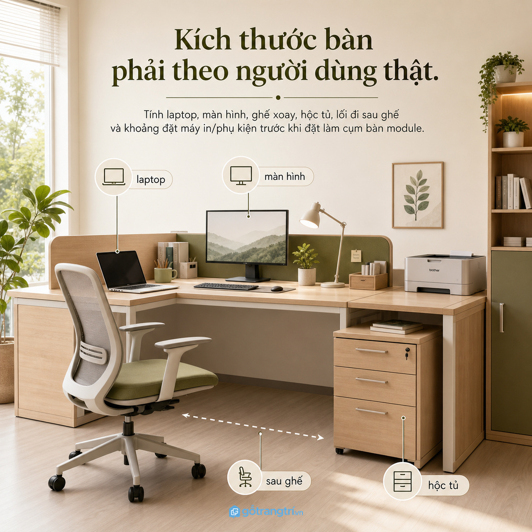 Kích thước bàn cần tính theo laptop, màn hình và lối đi sau ghế