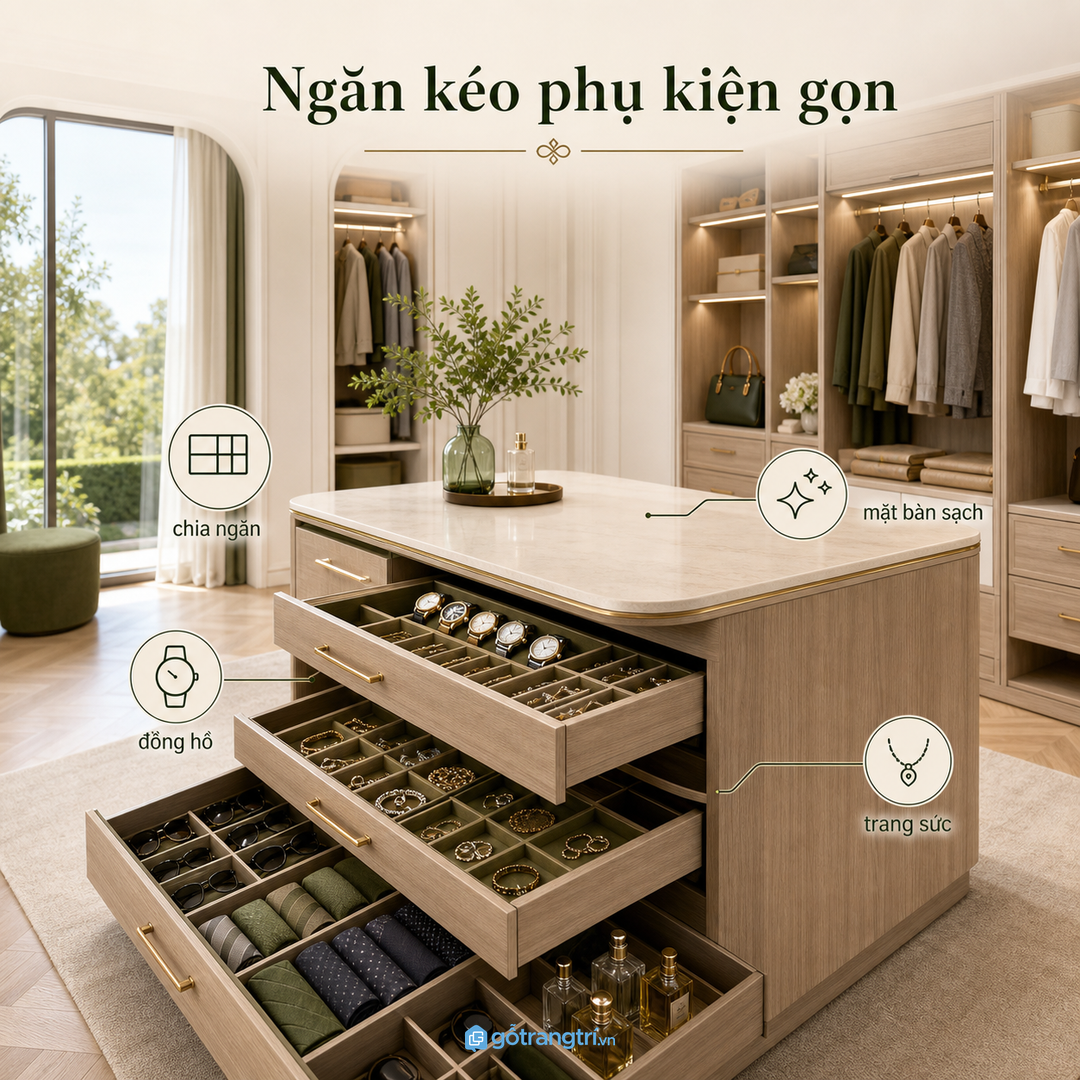 Chia ngăn kéo phụ kiện theo đồng hồ, trang sức, kính và nước hoa