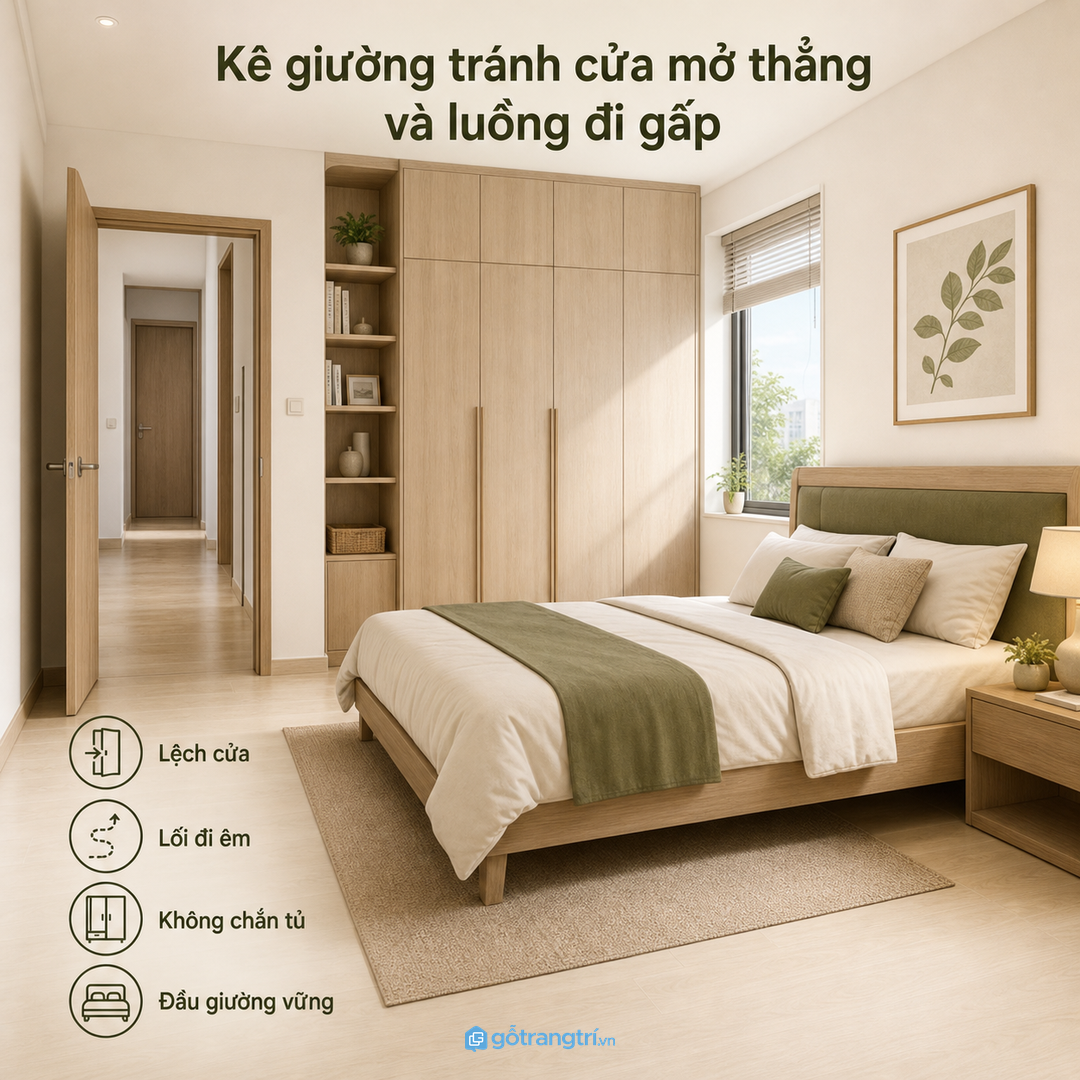 Kê giường tránh cửa mở thẳng và luồng đi gấp