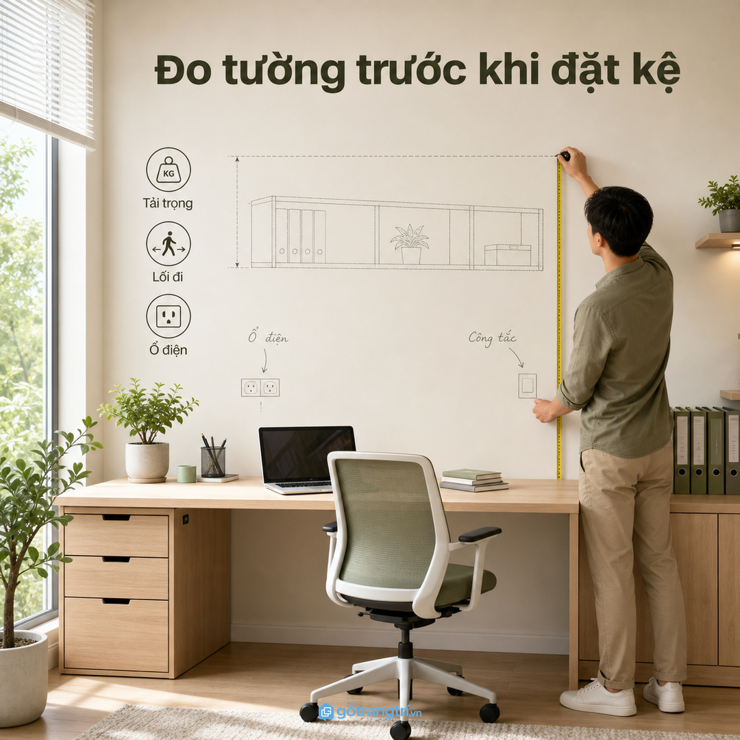 Đo mảng tường, tải trọng và lối đi trước khi đặt kệ