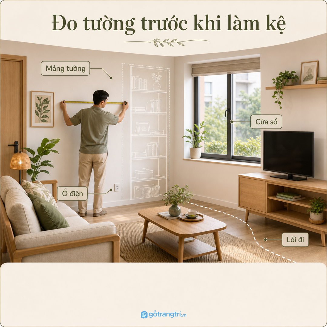 Đo mảng tường và lối đi trước khi chọn kiểu kệ sách