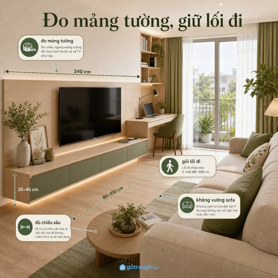 Chọn chiều dài theo mảng tường và lối đi trước sofa
