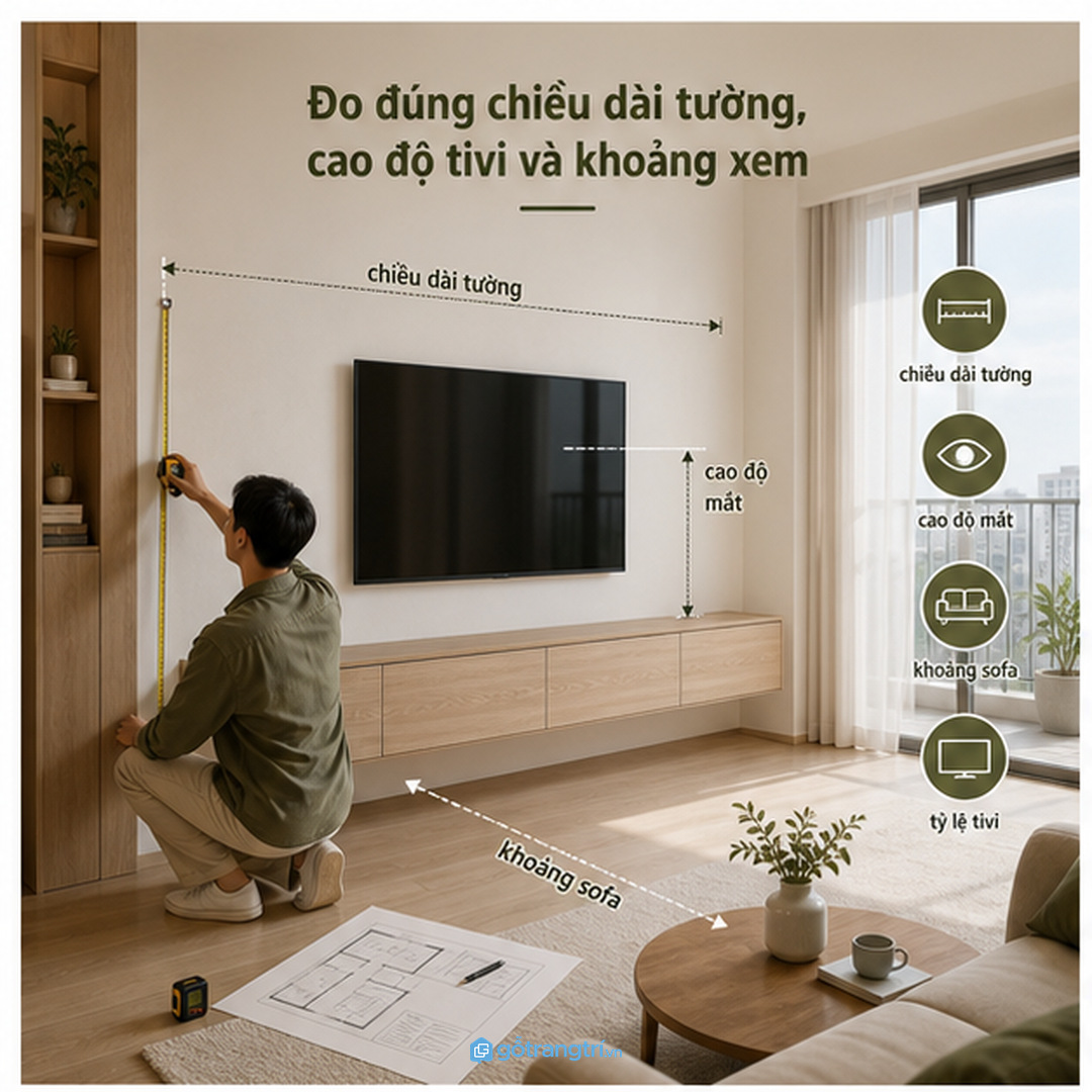Đo đúng chiều dài tường, cao độ tivi và khoảng xem